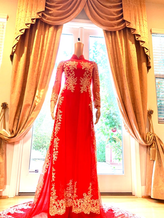 Red Ao Dai Vietnamese Traditional Wedding Dress With Gold