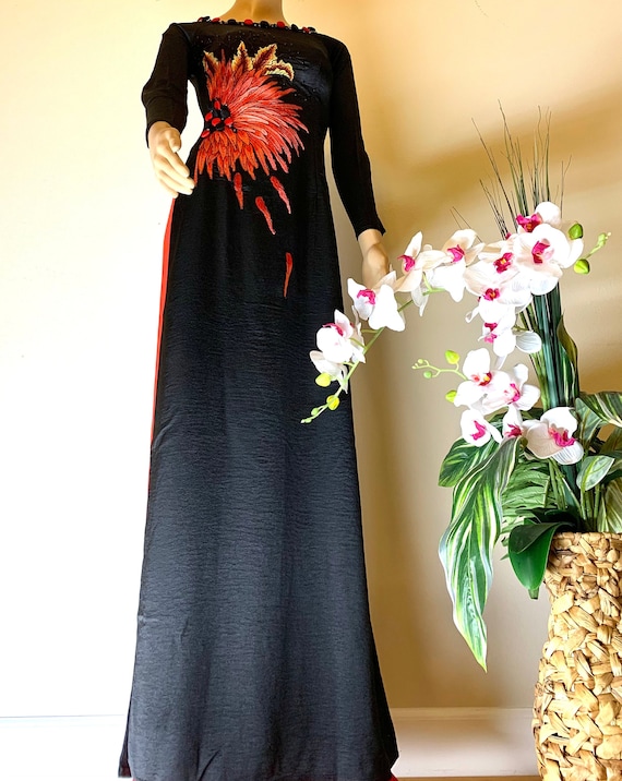 Black Embroidered Vietnamese Ao Dai Tay Thy Silk With Red Pants 02178 -   Canada