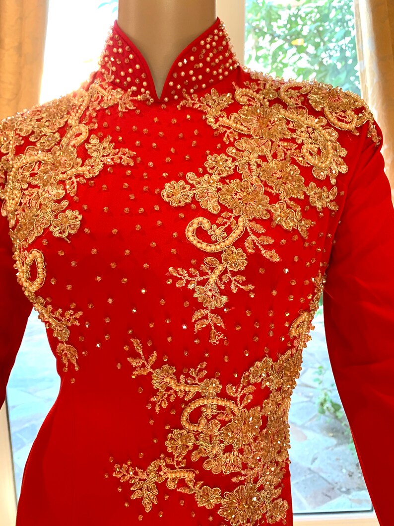 Red Ao Dai Traditional Wedding Dress With Gold Embroidery Etsy