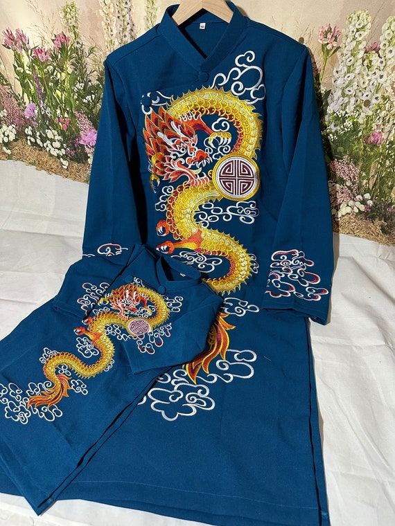 Blue Father & Son Ao Dai Embroidered Vietnamese Traditional Long Dress for  Men, Ao Dai Chu Re, Ao Dai Nam. No Pants CR1 -  Australia