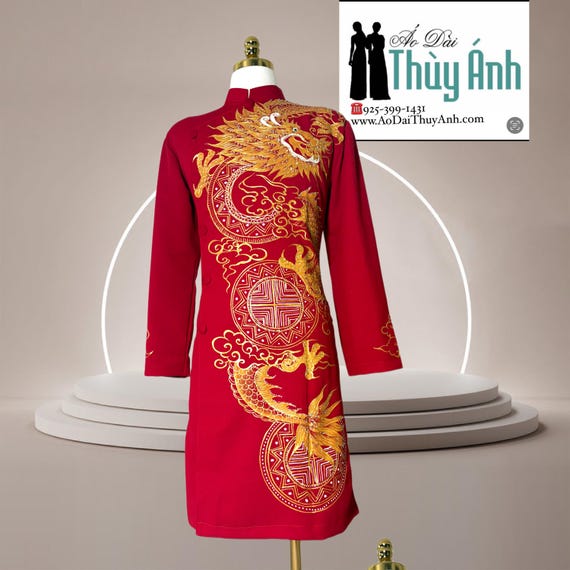Red & Gold Embroidered Vietnamese Wedding Ao Dai - Long