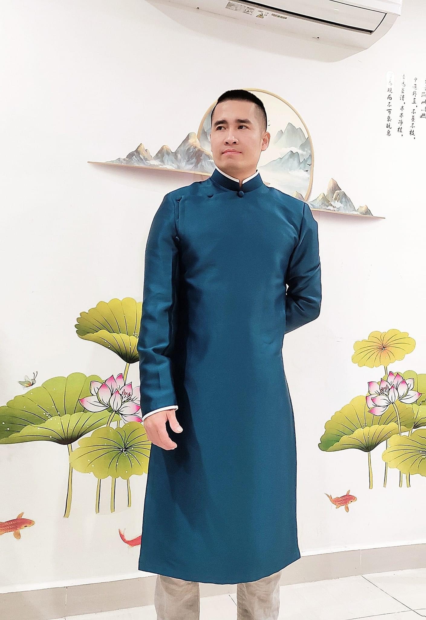 Blue Ao Dai for Men, Vietnamese Tafta Long Dress for Men, No