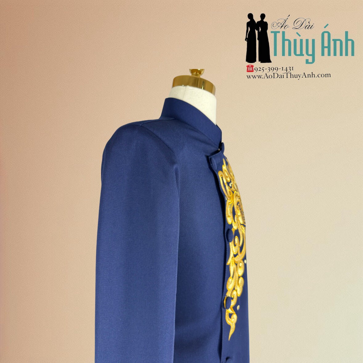 Black or Navy Blue Embroidered Vietnamese Traditional Long