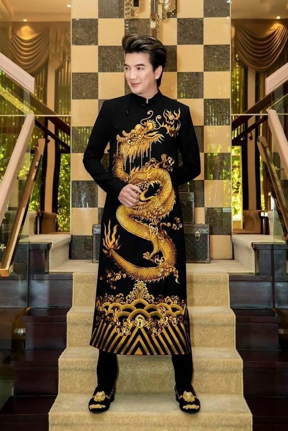 Black Ao Dai for Men, Hand Painted Vietnamese Traditional Long Dress for  Men, Ao Dai Chu Re, Ao Dai Nam. No Pants G42 