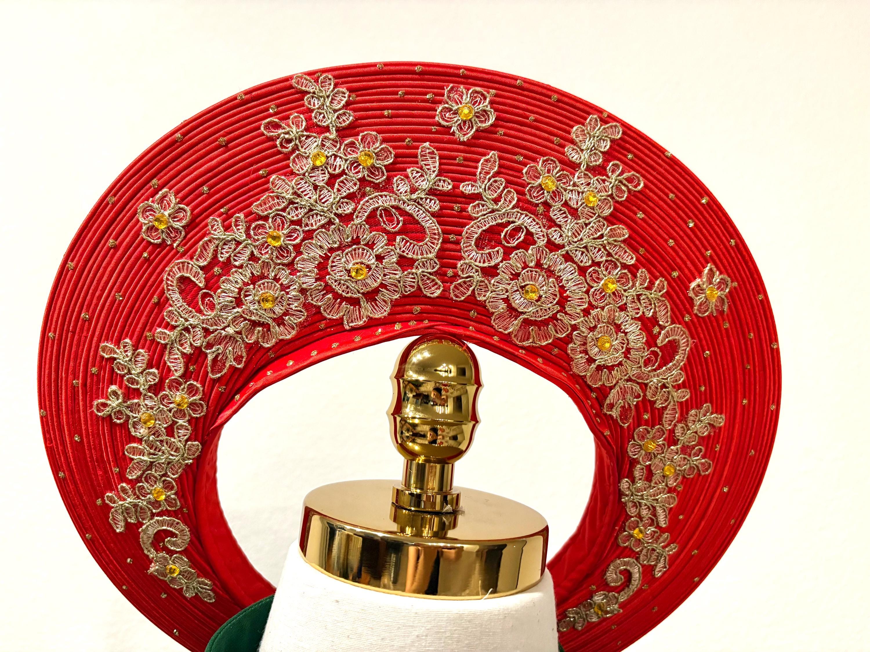 Vietnamese red bridal headpiece mấn cô dâu. Wedding 30 rings vòng Khăn đóng 3D Amazon.com : Khan Dong, Headdress for Traditional Vietnamese  main image 3