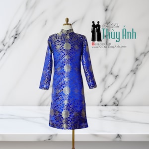 Blue Ao Dai for Men, Vietnamese Traditional Long Dress for Men, Ao Dai Chu Re, Ao Dai Nam. No pants
