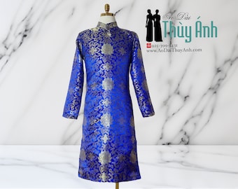 Blue Ao Dai With Golden Dragon Design for Men, Vietnamese Traditional Long Dress for Men, Ao Dai Chu Re, Ao Dai Nam. No pants