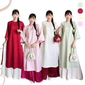 Dark Red Cach Tan Ao Dai Dang Suong Tay Loe Vietnamese Long Dress Flared Sleeves with White Pants
