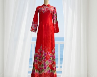 Red Ao Dai Vietnamese - Lua Van Gỗ - Long Dress with pants