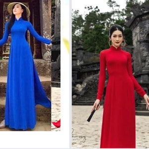 Red & Blue Lua My Silk Ao Dai Vietnamese Long Dress With matching Pants G90