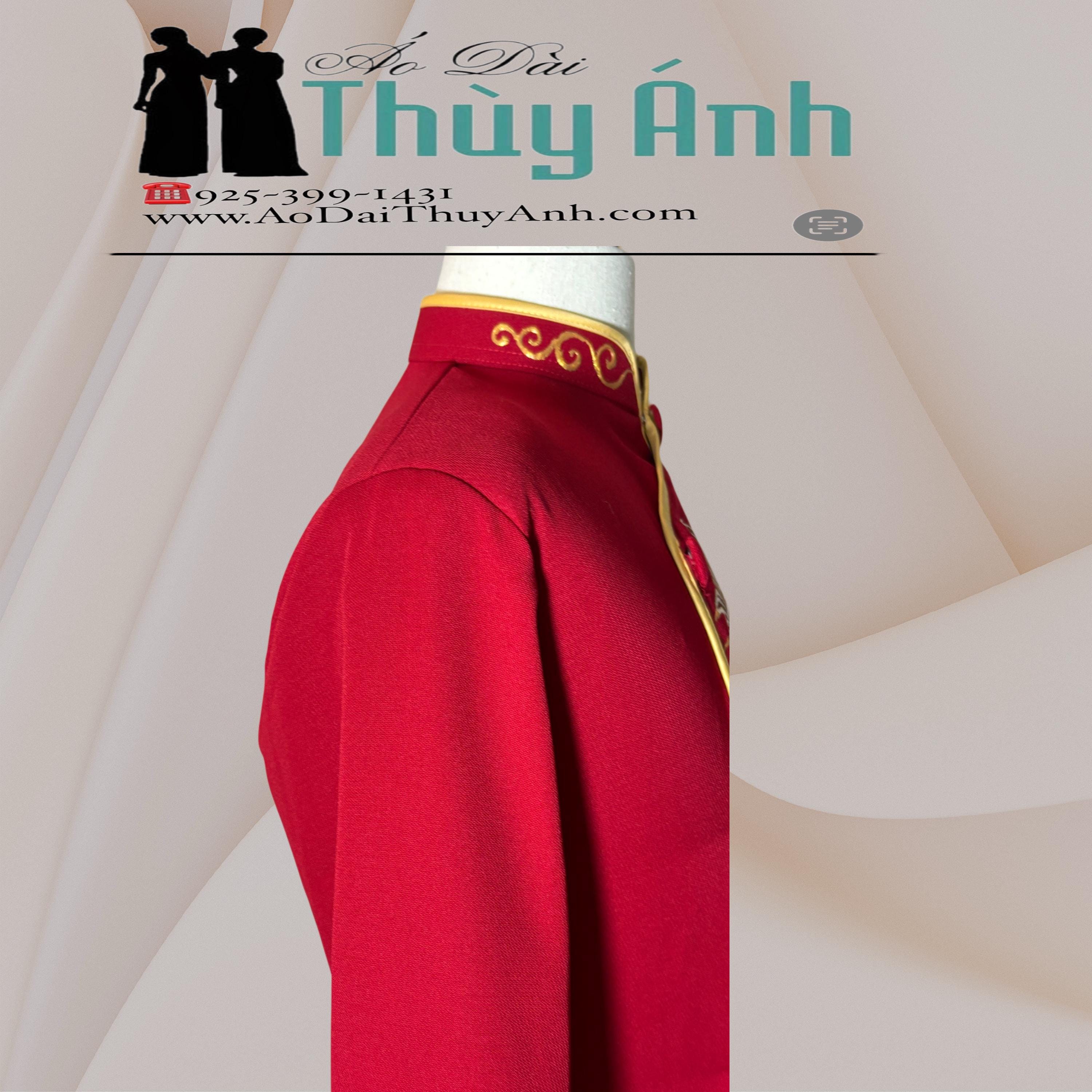 男性用手描きダークレッドアオザイ：ベトナムドラゴンロング