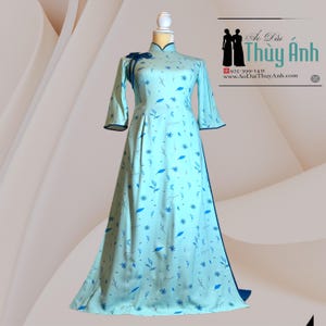 Women’s Vietnamese Áo Dài – Aqua Blue Floral Elegance- Ao Dai Vietnamese  Silk Long Dress with BLue Pants