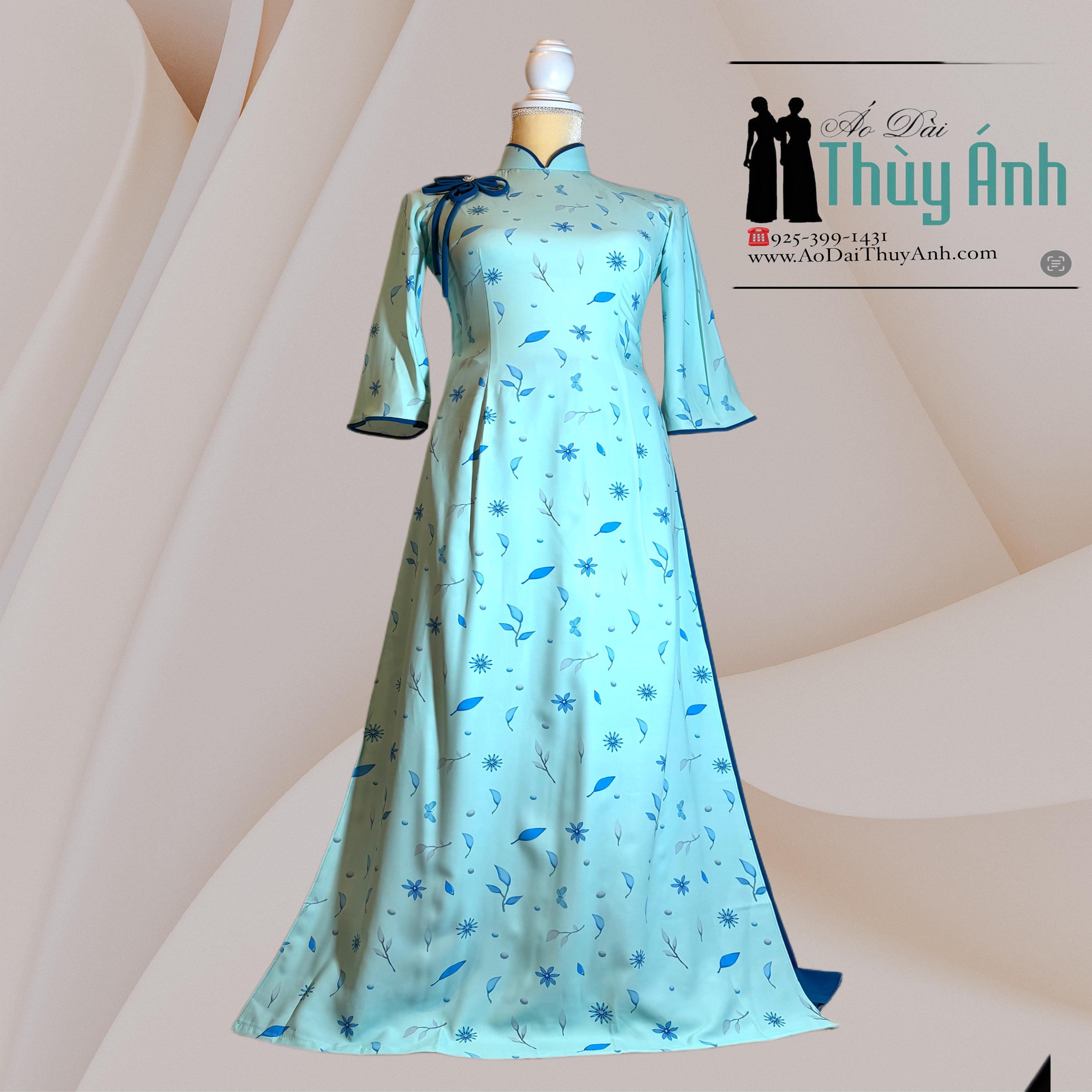 Women’s Vietnamese Áo Dài – Aqua Blue Floral Elegance- Ao Dai Vietnamese  Silk Long Dress with BLue Pants