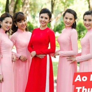 Pink Bridesmaid Silk Lua Ao Dai Vietnamese Long Dress With Matching Pants - Ao Dai Phu Dau G77