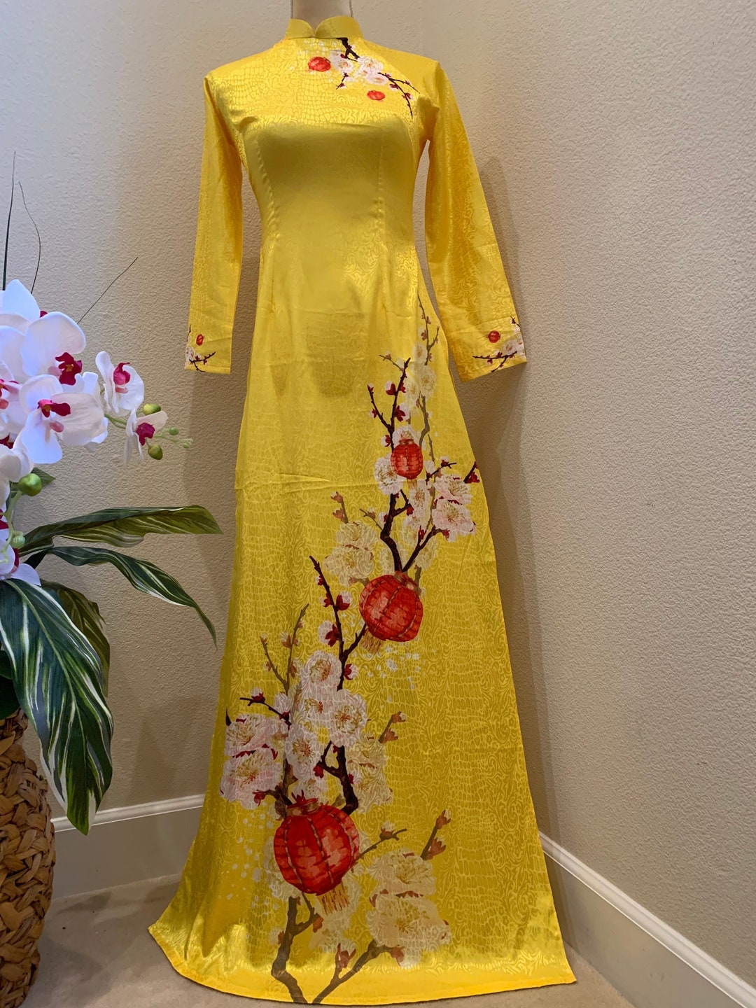 Yellow Ao Dai Tet Vietnamese Dong Hung Silk Long Dress With Pants free ...