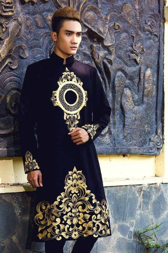 Black Ao Dai Embroidered Vietnamese Traditional Long Dress for Men