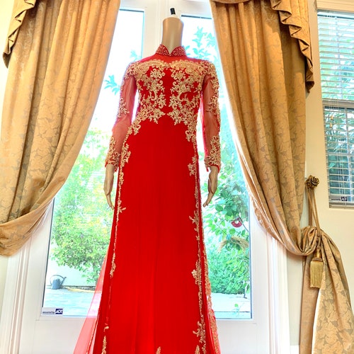 Red Vietnamese Traditional Wedding Dress With Gold Embroidery - Etsy