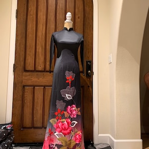 Black Ao Dai Vietnamese Lua Mango Silk Long Dress With Pink Pants #02194