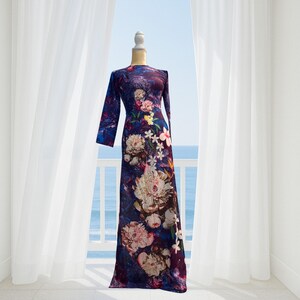 Lila Seide Ao Dai Vietnamesisches Langes Kleid mit Blauer Hose #54