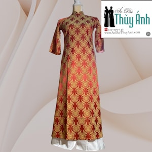 Orange and Gold  Cach Tan Ao Dai Dang Suong Tay Loe Vietnamese Long Dress Flared Sleeves with White  pants