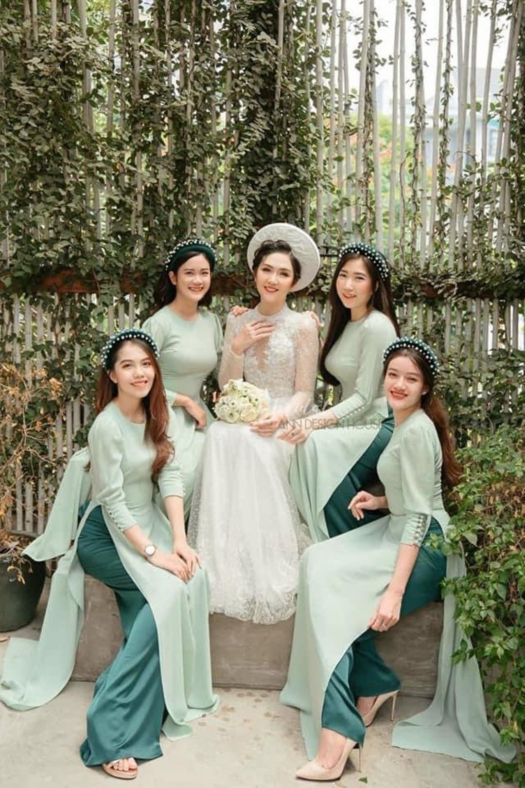 Green Ao Dai Vietnamese Bridesmaid Long Dress With Pants Cowl Collar