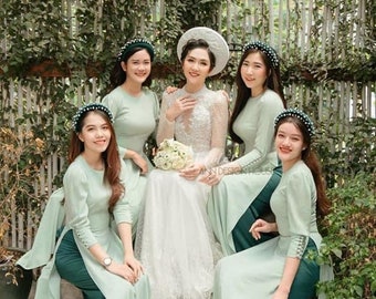Green Ao Dai Vietnamese Bridesmaid Long Dress with Pants Cowl Collar with Headpiece or Traditional Collar with No Headpiece   #02106