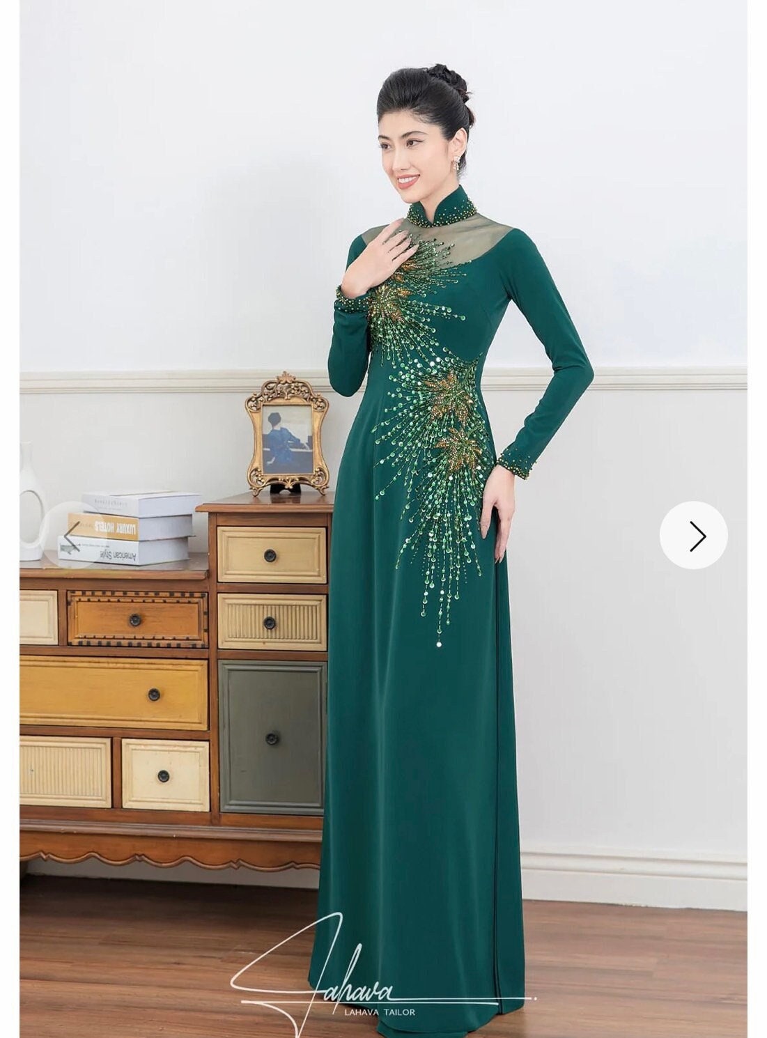 Green Ao Dai Vietnamese Chiffon Double Layer Beaded Long Green Ao Dai Vietnamese Chiffon Double Layer Beaded Long