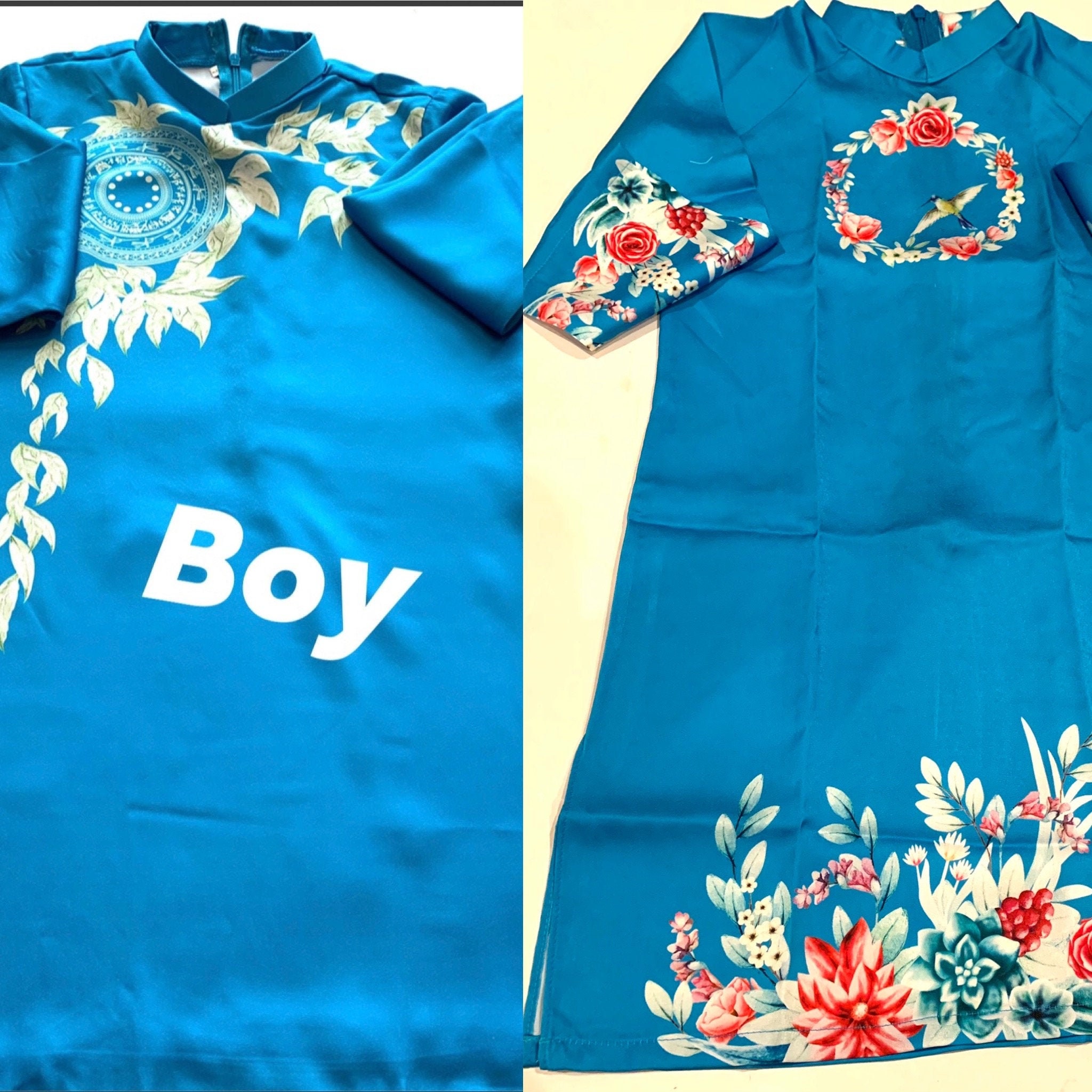 Blue Ao Dai Matching Family Vietnamese Dress for Boy & Girl