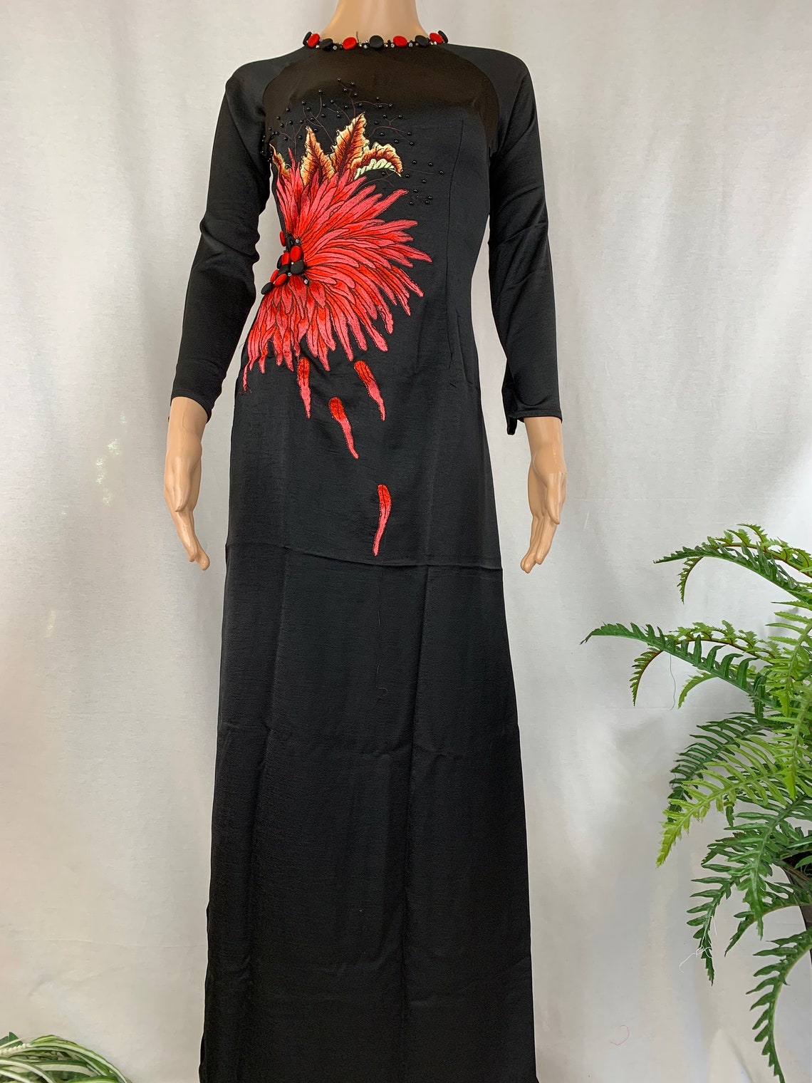 Black Embroidered Vietnamese Ao Dai Tay Thy Silk With Red - Etsy