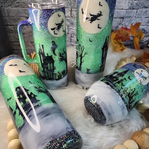 Custom Purple, Green and Black Glitter Foggy Halloween wine/regular curve/ skinny Travel Tumbler with lid and straw