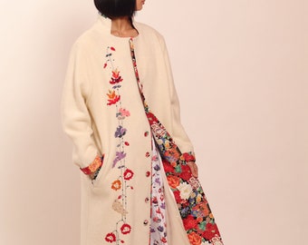 White wool coat with floral embroidery and natural silk lining