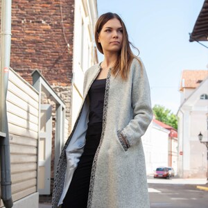 Woollen Coat with Silk Lining and Stylish Flower Embroideries