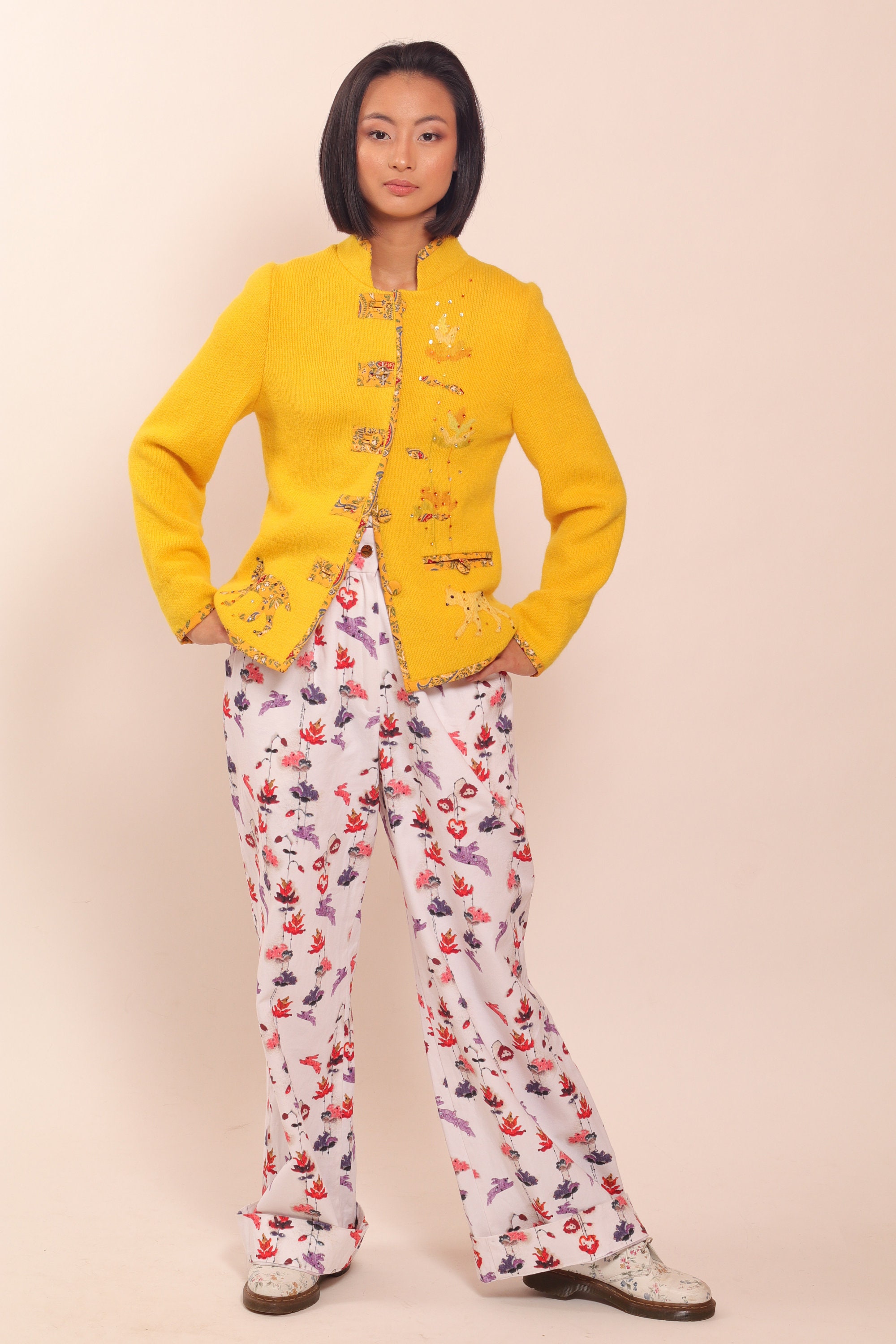 Pale Yellow Mulit Floral Print Ethnic Jackets With Silk main image 0