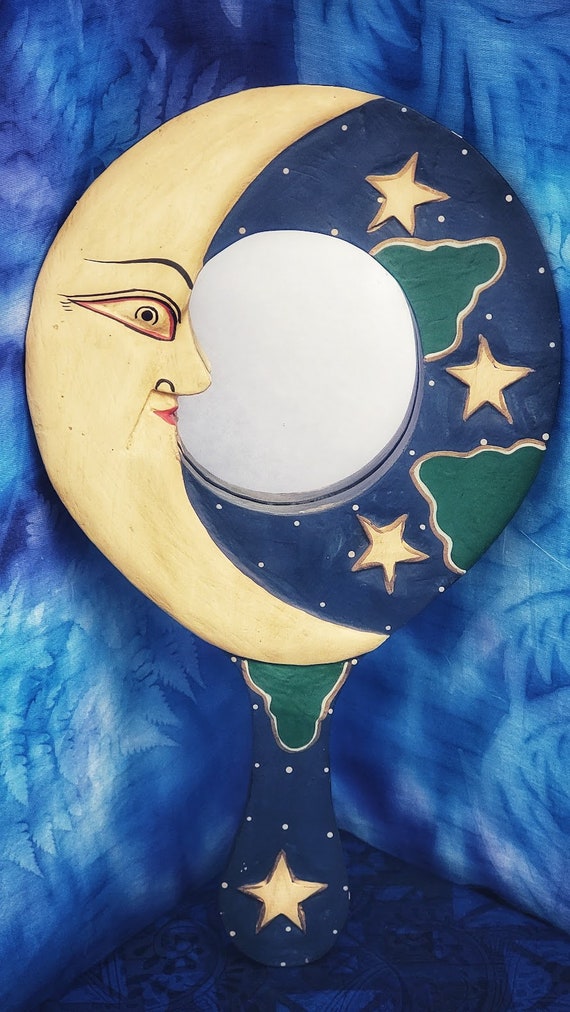 Vintage Hand Mirror. Sun & Moon Mirror. Scrying. Divination. Boho