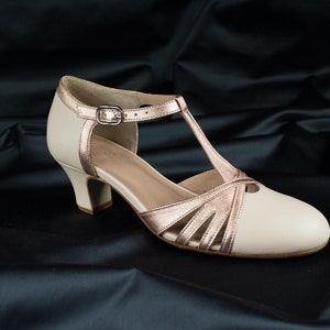 T-strap Heels, Women's Leather Sandals, Vintage Swing Shoes, Mary Janes - Pale Rose