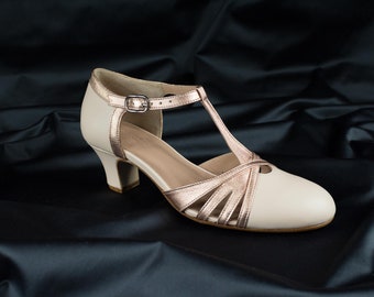 T-strap Heels, Women's Leather Sandals, Vintage Swing Shoes, Mary Janes - Pale Rose