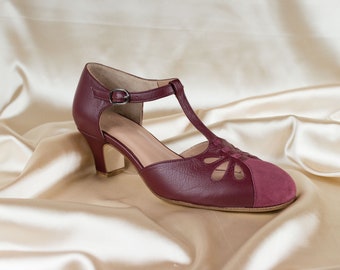 T-Riemchen Heels, Damen Leder Sandalen, Vintage Swing Schuhe, Mary Janes - Rotwein