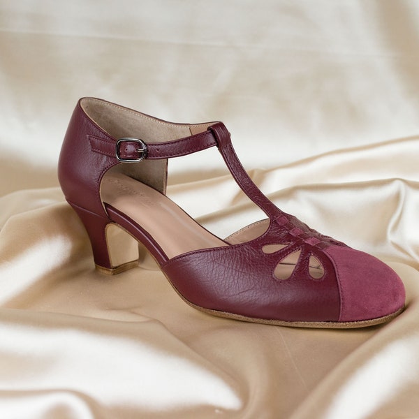 Talons avec bride en T, sandales en cuir pour femme, chaussures de balançoire vintage, Mary Janes - vin rouge