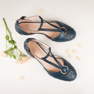 Vintage Art Deco Heels 3.5 cm, Women's Leather Sandals, Swing Shoes, Mary Janes Velvet Blue zdjęcie 1
