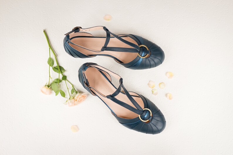 Vintage Art Deco Heels 3.5 cm, Women's Leather Sandals, Swing Shoes, Mary Janes Velvet Blue image 1