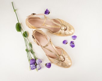 Vintage Art Deco Heels 3.5 cm, Women's Leather Sandals, Swing Shoes, Mary Janes - Antique Gold