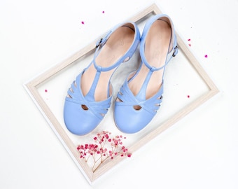 Sandali con cinturino a T da 3,5 cm, sandali in pelle da donna, scarpe vintage, Mary Jane - azzurro