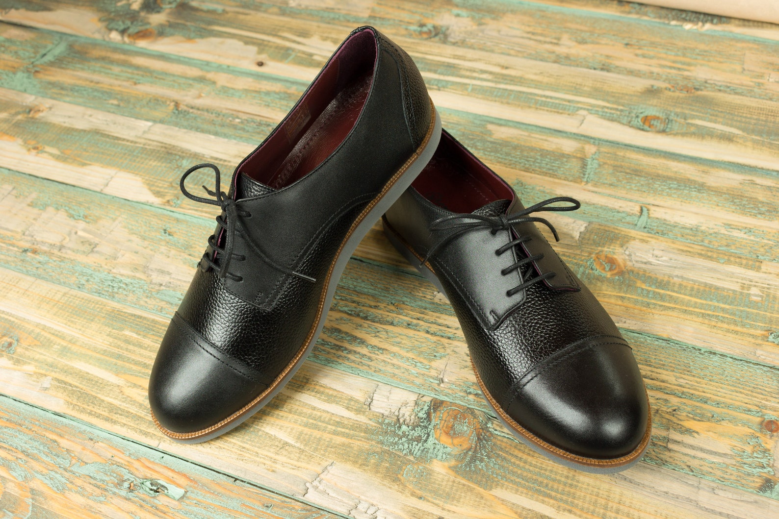 Black Elegant Derby Style Men's Shoes, Natural Leather Shoes, Vintage