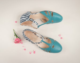 Talons avec bride en T 3,5 cm, sandales en cuir pour femme, chaussures de balançoire vintage, Mary Janes - turquoise sauvage