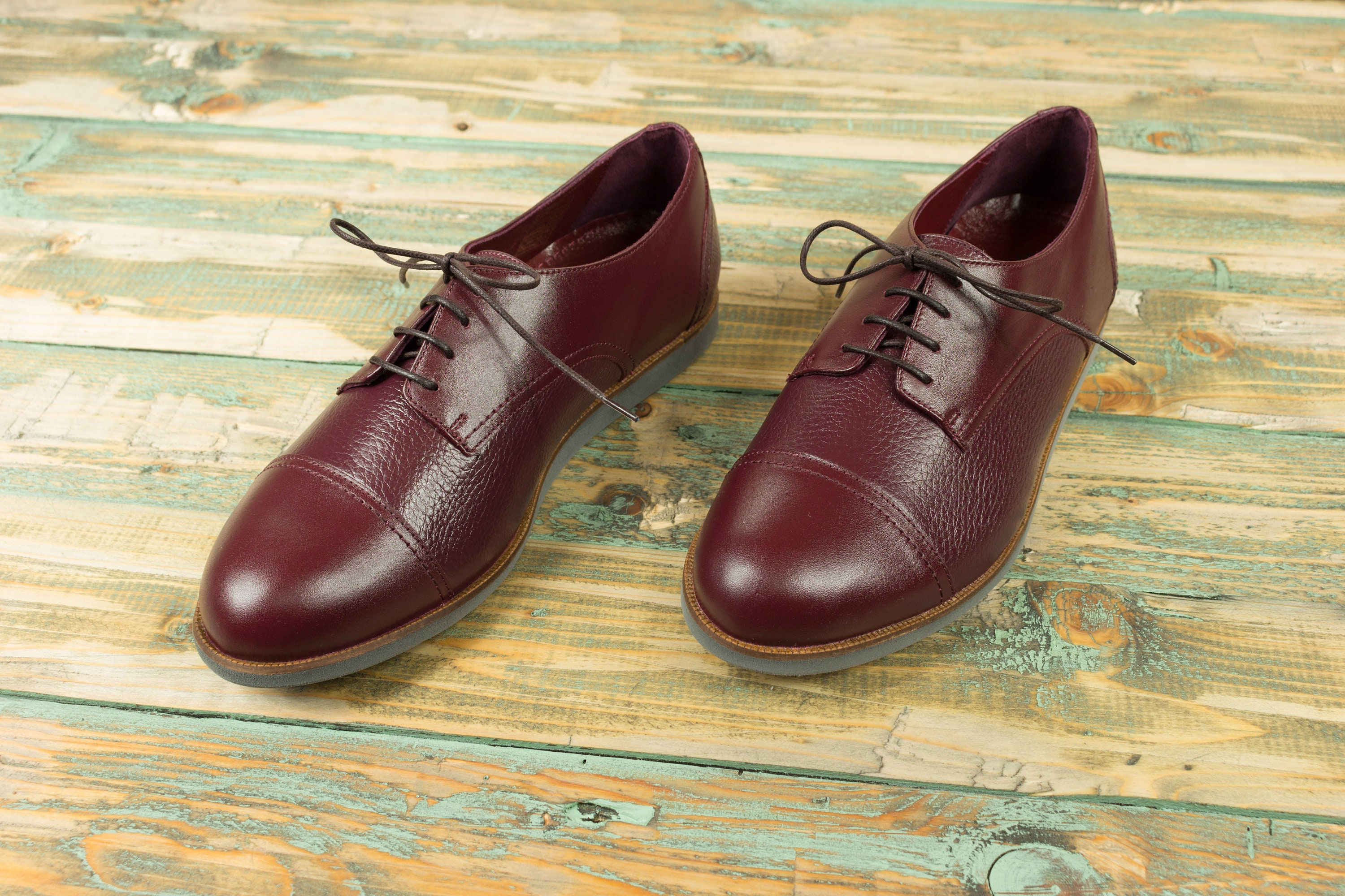 Burgundy Red Elegant Derby Style Men's Shoes, Natural Leather Shoes