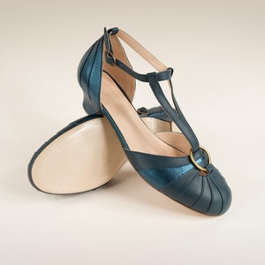 Vintage Art Deco Heels 3.5 cm, Women's Leather Sandals, Swing Shoes, Mary Janes Velvet Blue zdjęcie 3