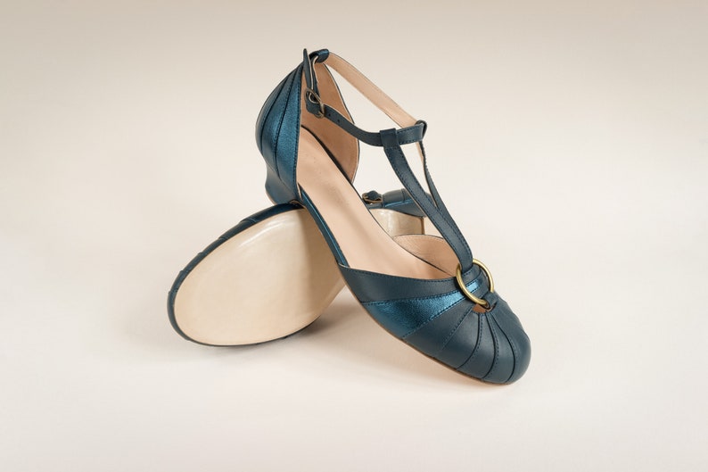 Vintage Art Deco Heels 3.5 cm, Women's Leather Sandals, Swing Shoes, Mary Janes Velvet Blue zdjęcie 3