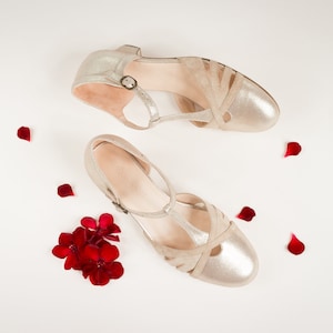 T-strap Heels 3.5 cm, Women's Leather Sandals, Vintage Swing Shoes, Mary Janes - Pearl Beige