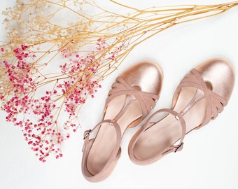 Sandali con cinturino a T da 3,5 cm, in pelle, stile vintage, modello Mary Jane - Oro rosa