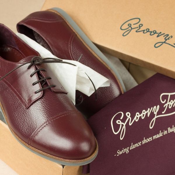 Chaussures pour hommes de style derby élégant rouge bordeaux, chaussures en cuir naturel, style oxford vintage